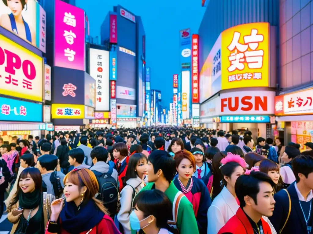 Turismo cultural en Japón con JPop: Una calle bulliciosa en Tokyo, con carteles de JPop, luces de neón y fans entusiastas, fusiona la cultura tradicional con influencias modernas, destacando el papel clave del JPop en el turismo cultural de Japón