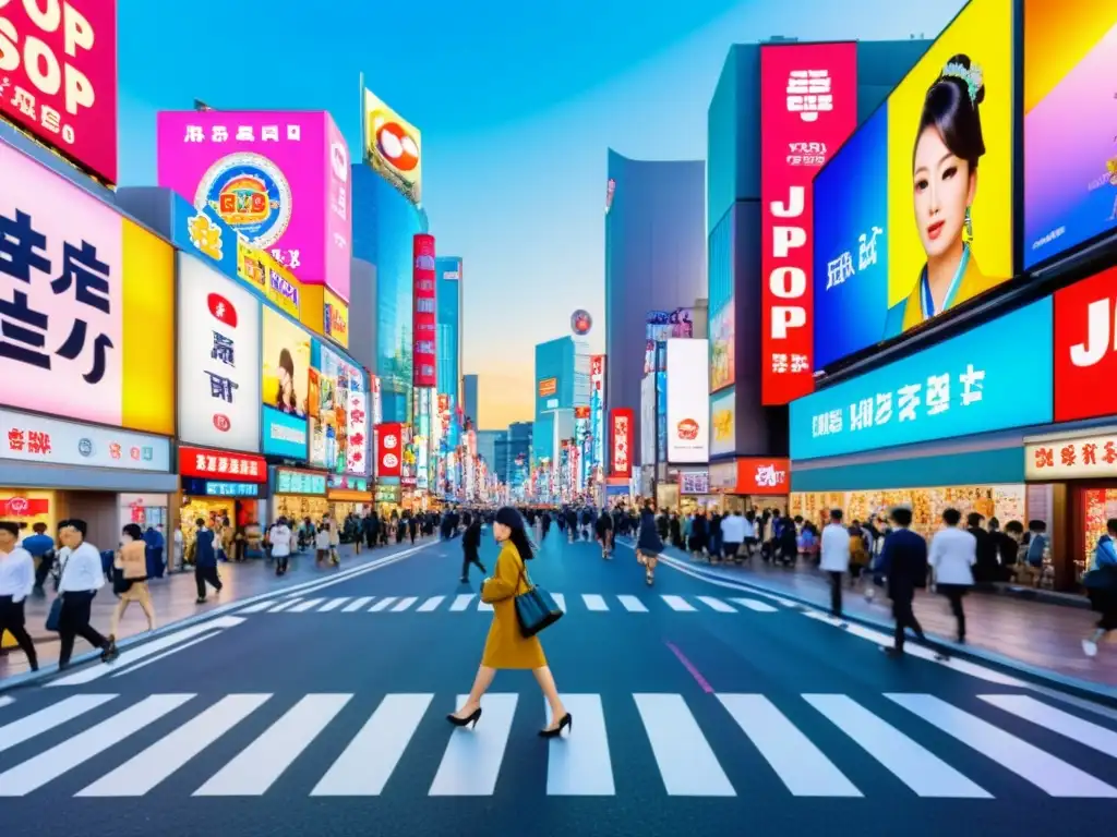 Turismo cultural en Japón con JPop: Calles bulliciosas de Tokio, con coloridos anuncios de ídolos JPop y turistas explorando