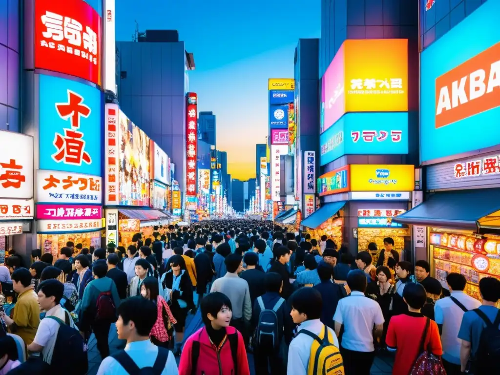 Turismo inspirado en anime: bulliciosa calle de Akihabara, Tokio, llena de luces neón, tiendas y turistas entusiastas