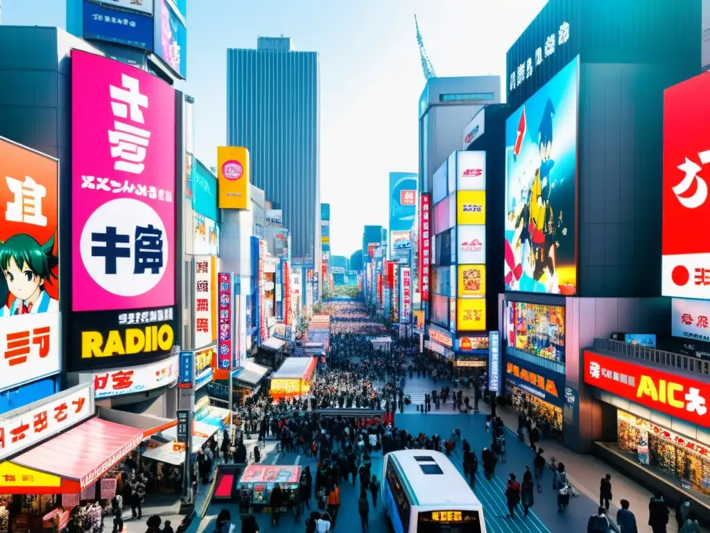 Turismo inspirado en anime: calles bulliciosas de Akihabara, Tokio, con vibrante energía y coloridos anuncios de manga y anime