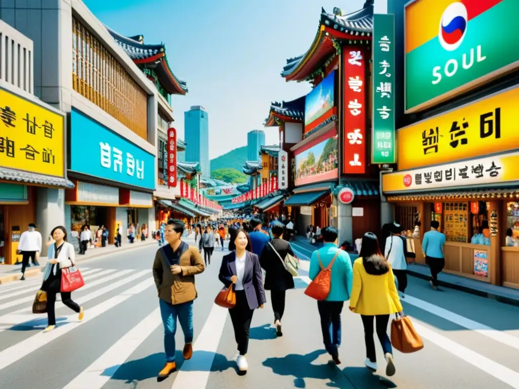 Vibrante calle de Seúl, Corea del Sur: turismo y cultura asiática Turistas exploran bulliciosa calle de Seúl, con impacto de series asiáticas en el turismo y cultura local