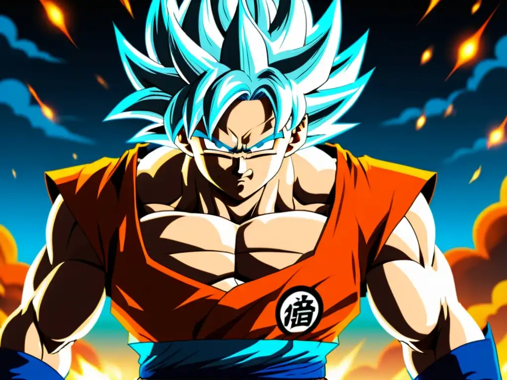 La transformación de Goku al Ultra Instinto, representando el arquetipo del héroe en Dragon Ball, resplandece en esta imagen de alta resolución