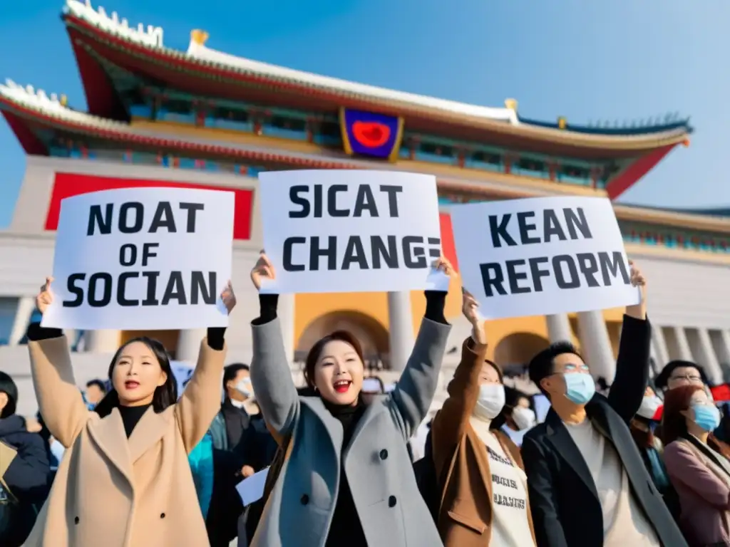 Unidos por el cambio, manifestantes con carteles en coreano y chino frente a un edificio gubernamental