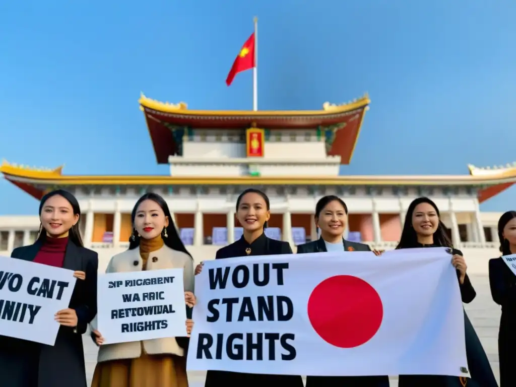 Unidos por sus derechos, jóvenes de minorías étnicas en Asia moderna protestan frente a un edificio gubernamental, mostrando su diversidad cultural