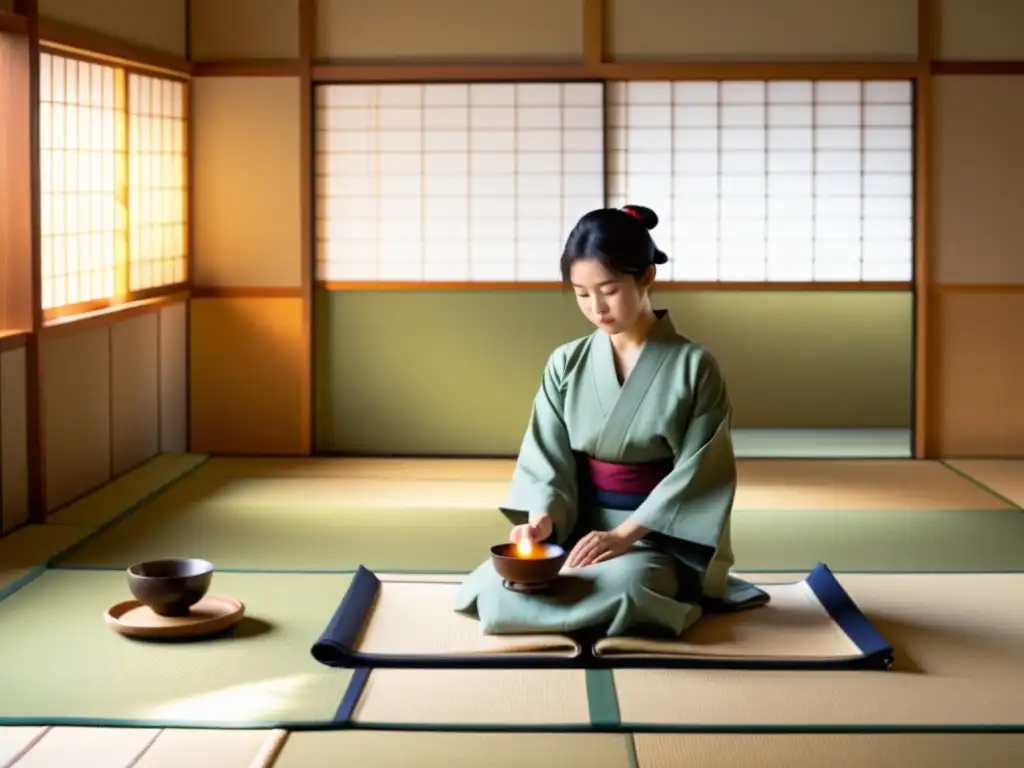 Universidades japonesas juego educativo: Ceremonia del té japonesa en una sala de tatami serena, con maestro y estudiantes atentos