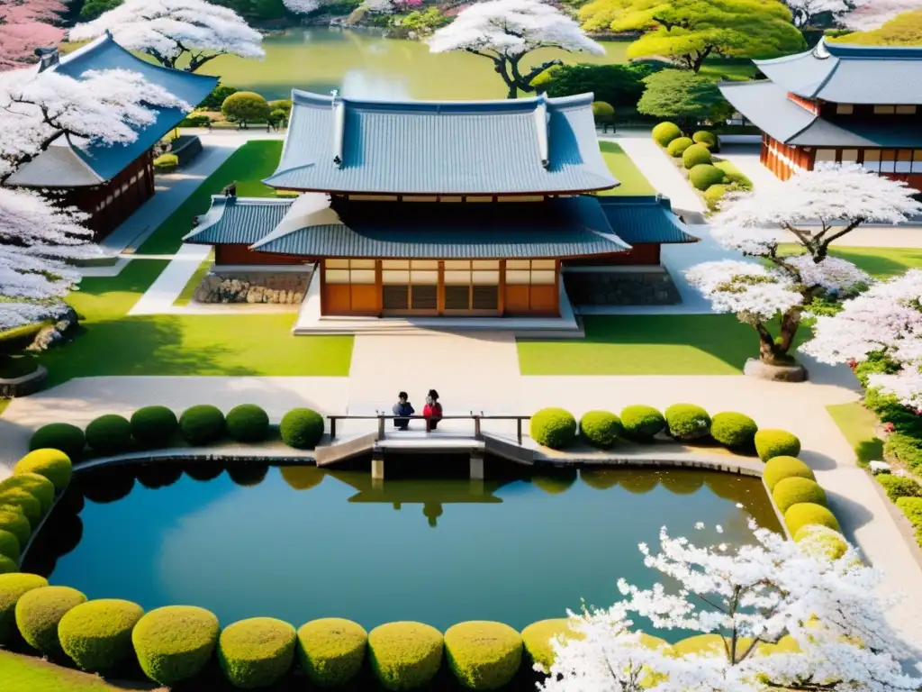 Universidades japonesas juego educativo: Campus tradicional con cerezos en flor, estudiantes en kimono estudian bajo el cielo de Mount Fuji