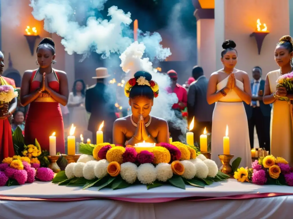 Celebración urbana del Festival budista Ulambana con altar decorado, flores, velas y humo de incienso, personas rindiendo homenaje a sus ancestros