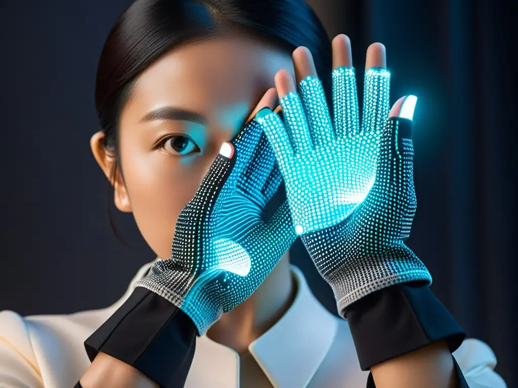 Un usuario manipula con concentración guantes inteligentes tecnología japonesa, creando un entorno futurista y cultural