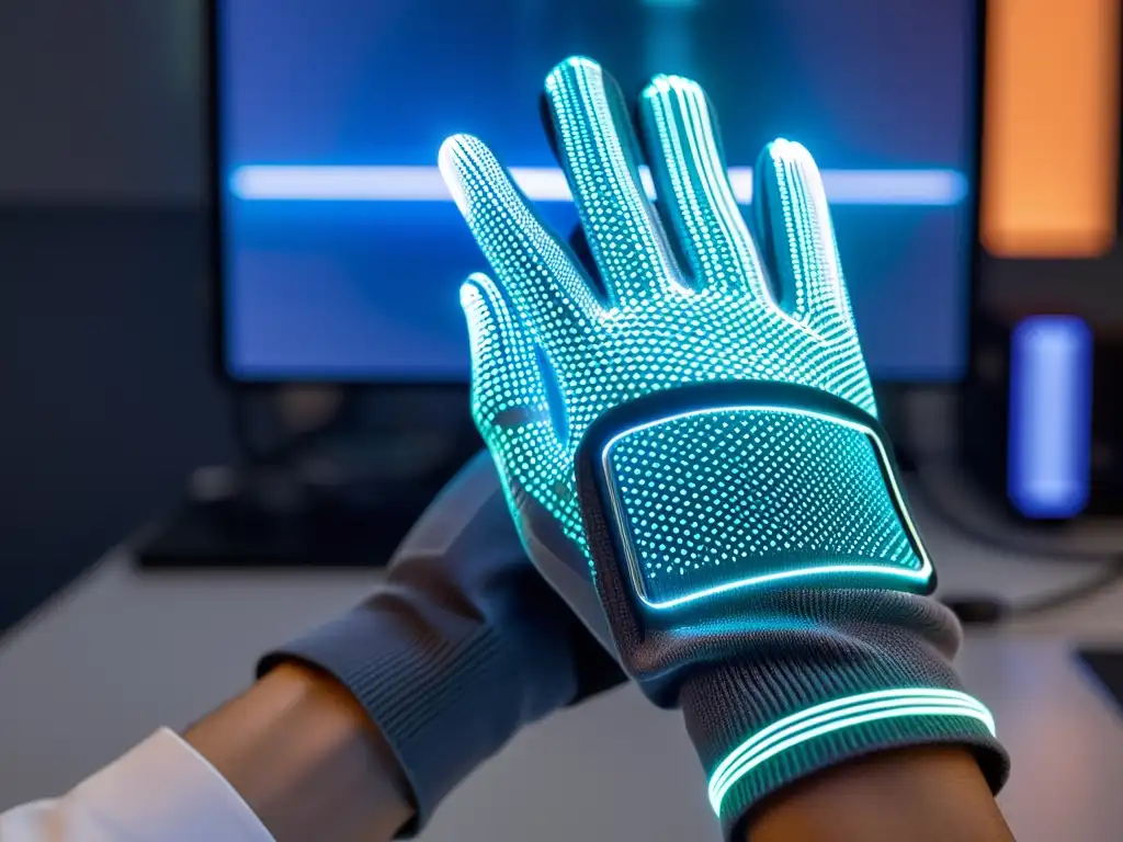 Un usuario usando guantes inteligentes tecnología japonesa interactúa con una interfaz holográfica en un laboratorio futurista