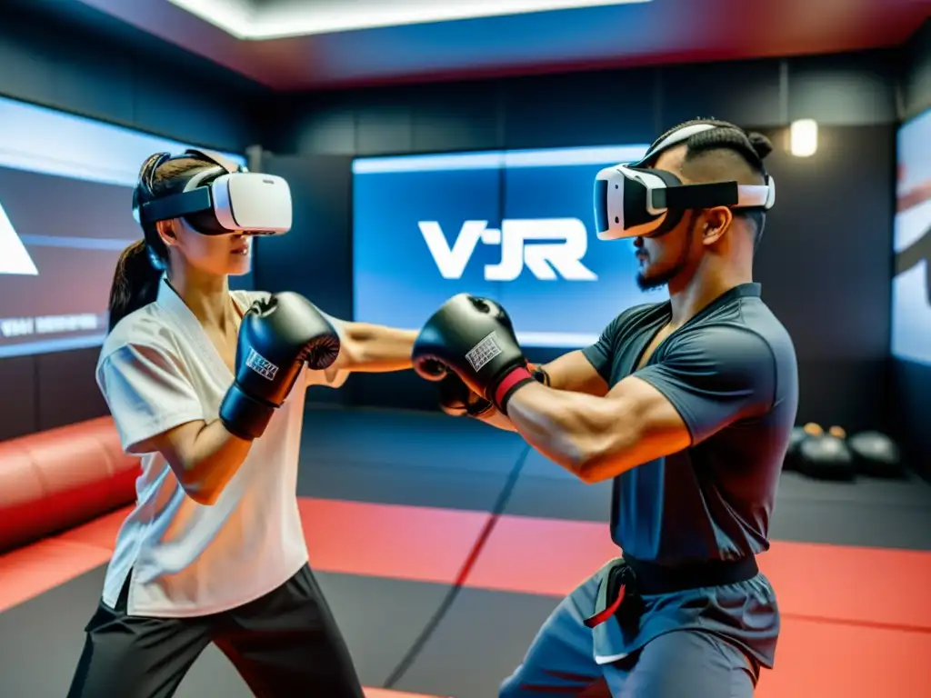 Un usuario usa un headset y guantes de realidad virtual en un dojo futurista, entrenando artes marciales en realidad virtual