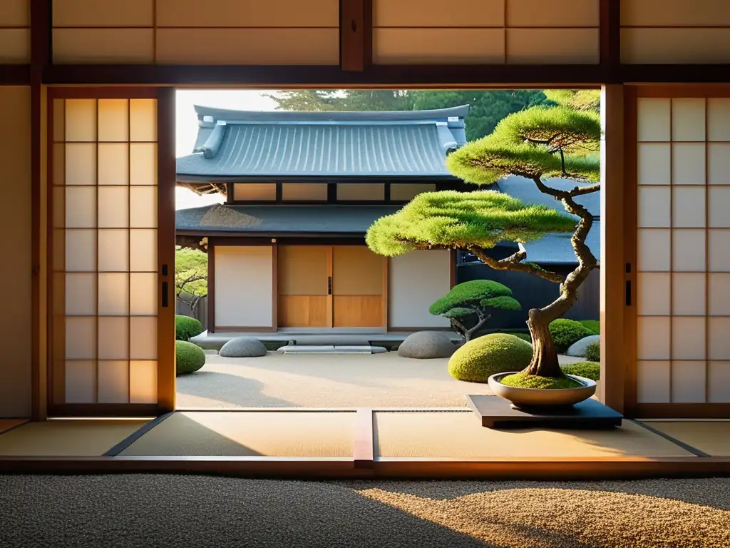 Un jardín japonés vacío y sereno capturado durante la hora dorada