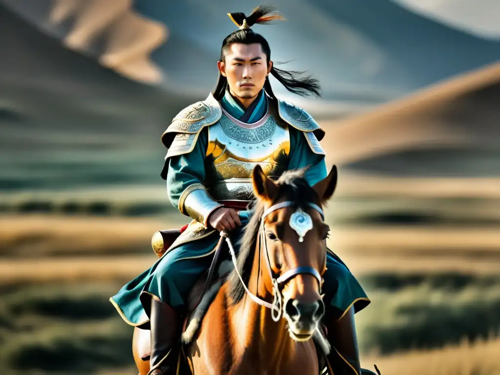 Un valiente guerrero mongol a caballo, vestido con armadura tradicional, refleja la fuerza de las minorías étnicas en las dinastías chinas