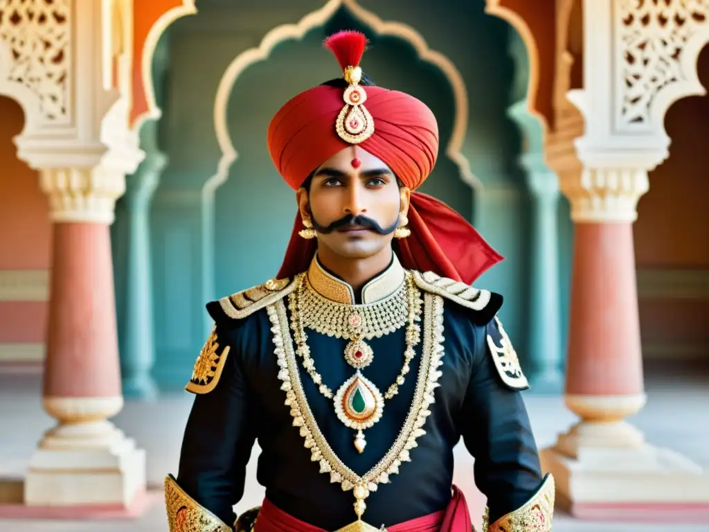 Un valiente guerrero Rajput de la India en atuendo tradicional, con armadura y joyas, frente a un majestuoso fuerte Rajput