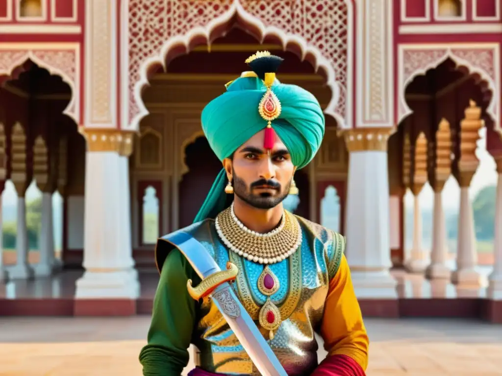 Un valiente guerrero Rajput de la India con impresionante vestimenta y espada, frente a un majestuoso palacio indio