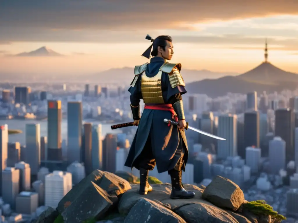 Un valiente samurái contempla la ciudad moderna al atardecer, con su katana en mano