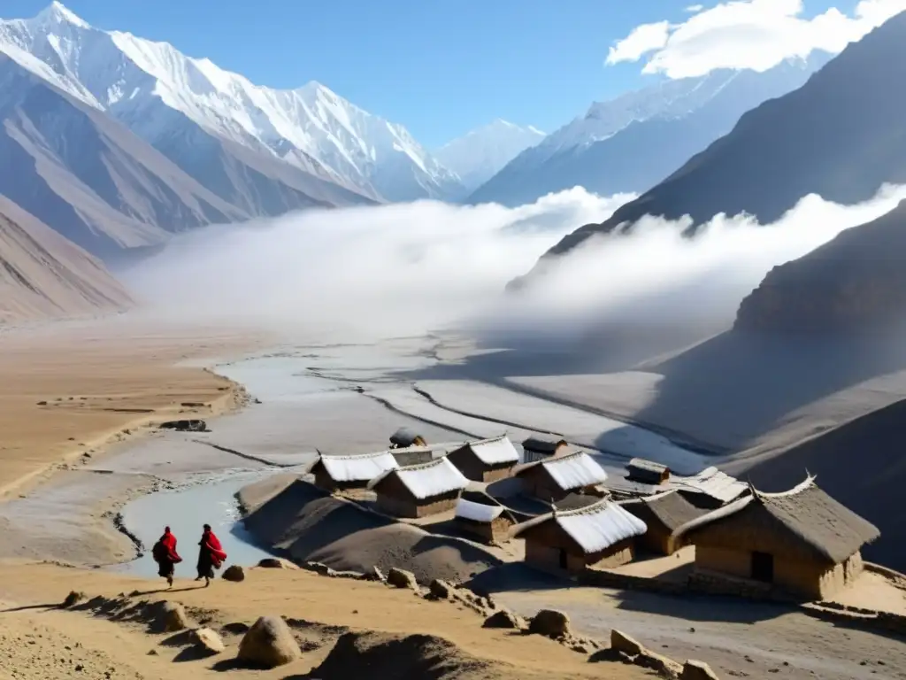 Valle misterioso de Mustang, Nepal, con montañas nevadas y aldeanos vestidos tradicionalmente