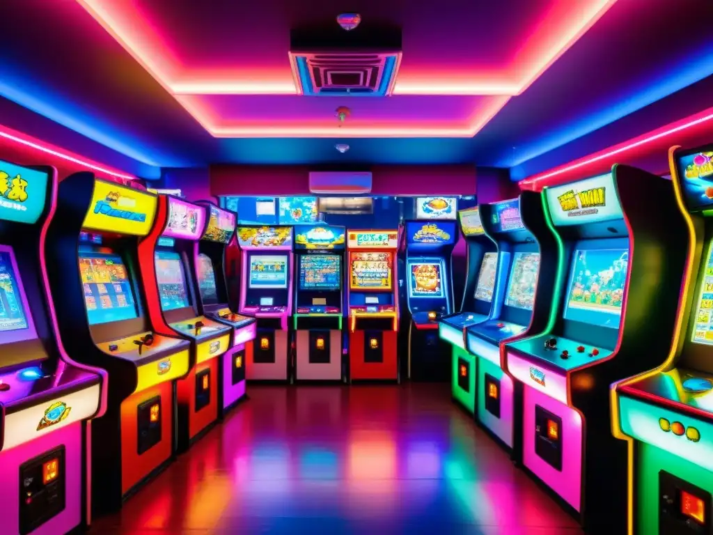 Valor cultural de los videojuegos asiáticos: Sala de juegos en Tokio llena de luces y emoción, reflejo de la industria de los videojuegos en Asia