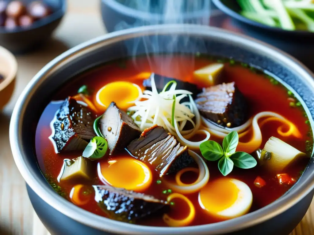 Vaporosa sopa picante coreana Yukgaejang en cauldron sobre fuego, con verduras y carne tierna