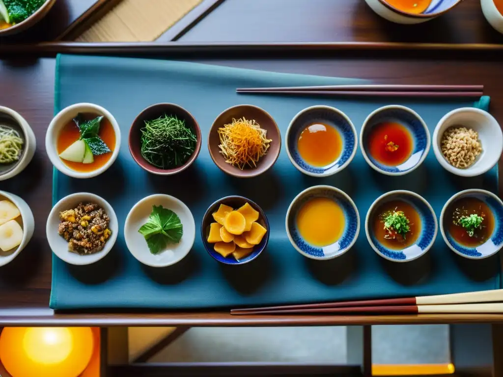 Jeotgal: Delicias fermentadas en mesa tradicional coreana Una variedad de ensaladas fermentadas coreanas jeotgal en platos de cerámica en una mesa tradicional, iluminada por luz natural