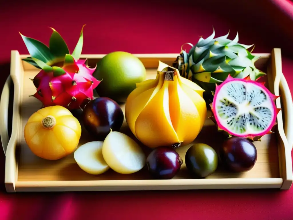 Una variedad de frutas asiáticas vibrantes y exóticas en una bandeja de bambú, resaltadas por la luz natural