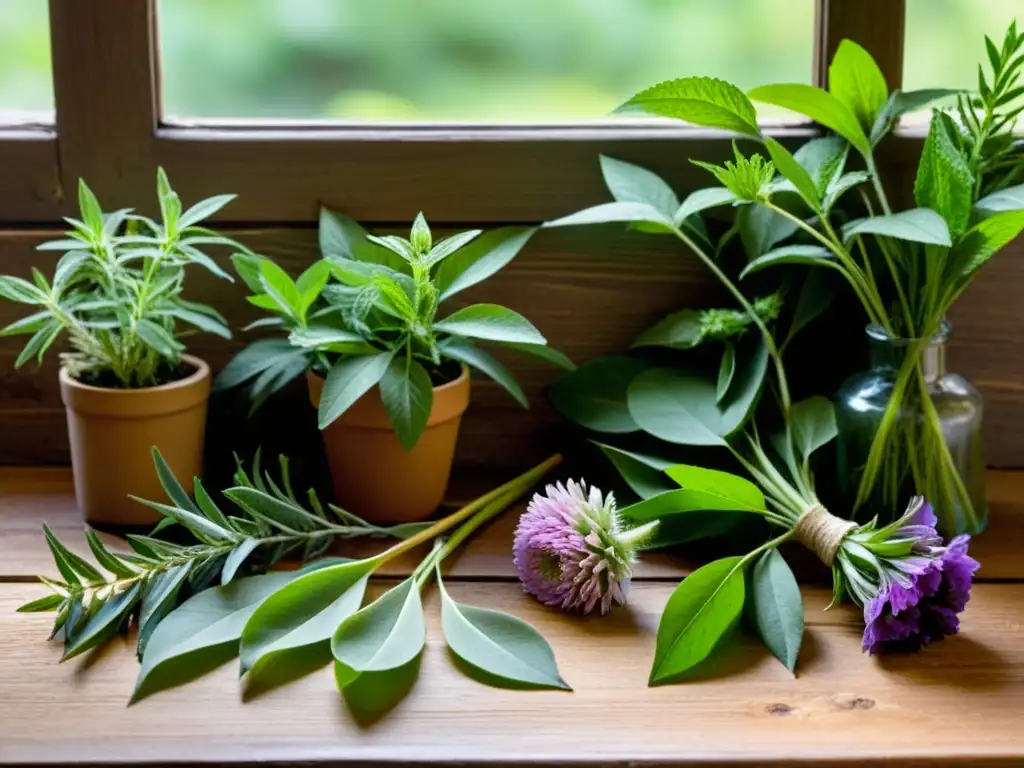 Una variedad de hierbas medicinales recién cosechadas y coloridas dispuestas sobre una mesa de madera