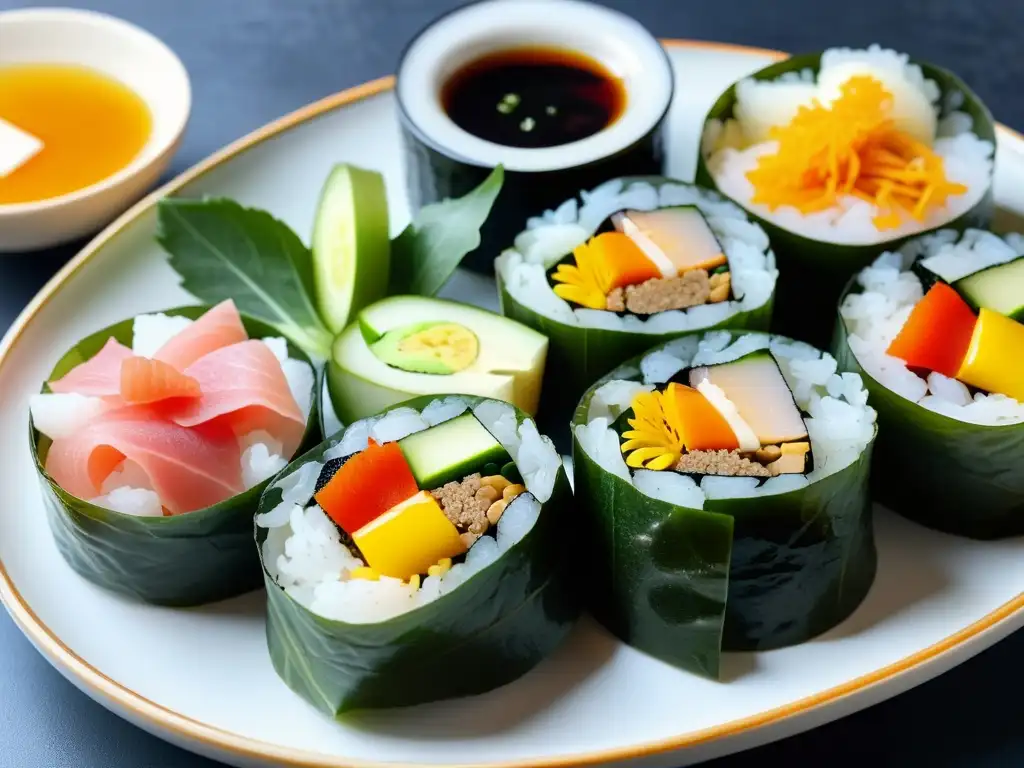 Una variedad de rolls de gimbap coreano tradición sabor, meticulosamente preparados en un plato de cerámica