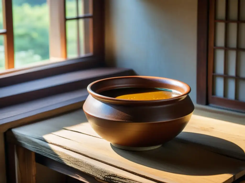 Una vasija de cerámica coreana llena de pasta de soja recién hecha, con tonos tierra y textura