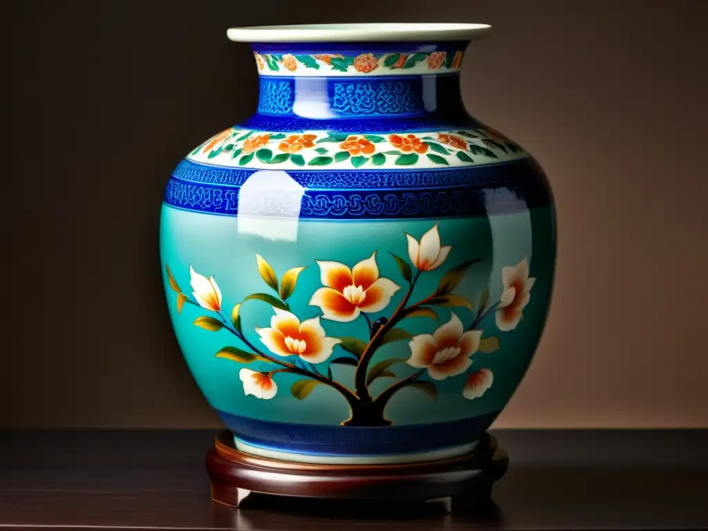 Una vasija china antigua, con motivos florales pintados a mano en colores vibrantes