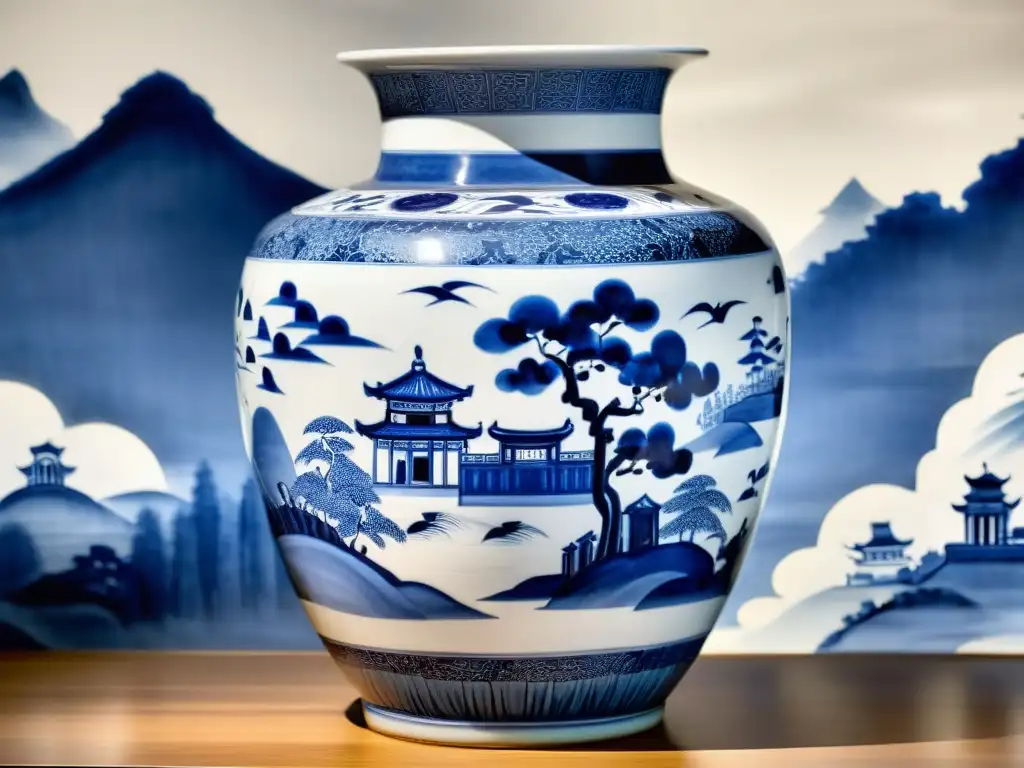 Una vasija de la dinastía Ming, con paisajes chinos en azul y blanco, iluminada en un museo, mostrando la caída de los Ming en China