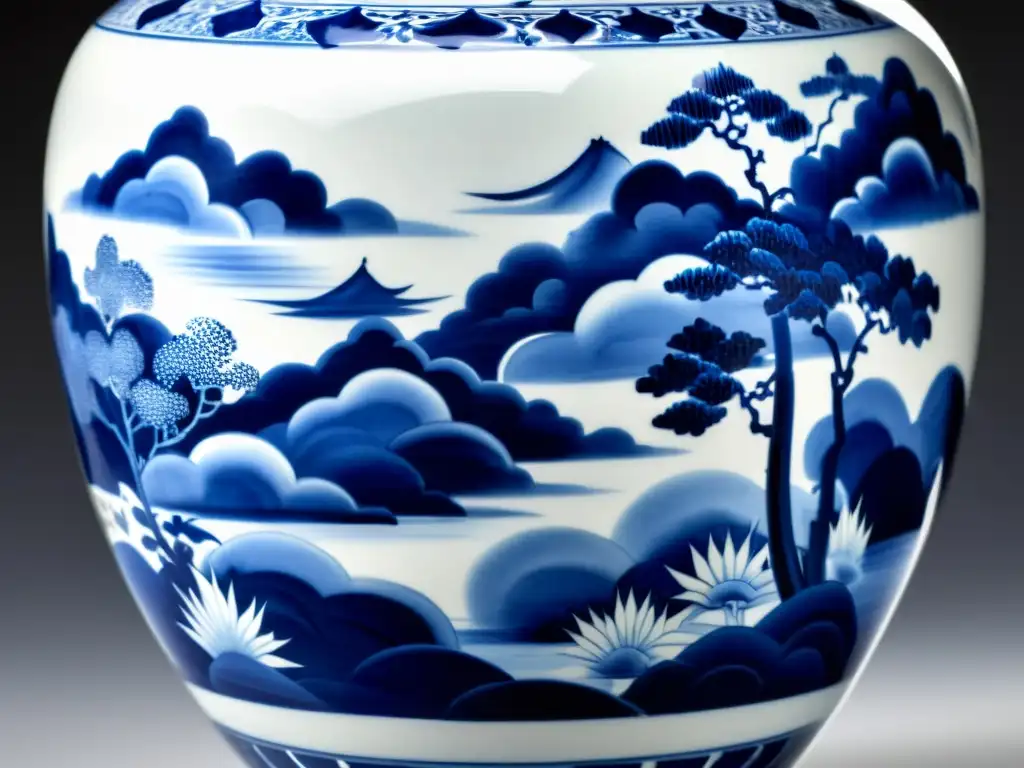 Una vasija de porcelana de la dinastía Ming, pintada con paisajes chinos en azul y blanco, evocando elegancia y artesanía