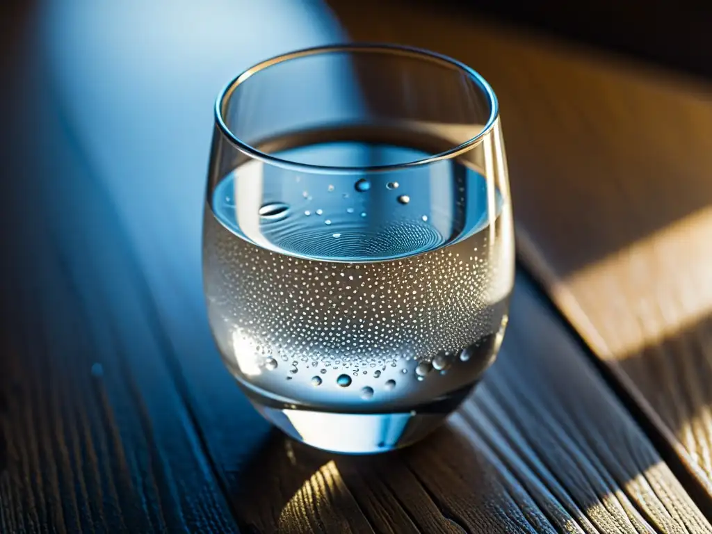 Un vaso de agua transparente con gotas de condensación, burbujas y símbolos de yin y yang, irradia equilibrio y vitalidad