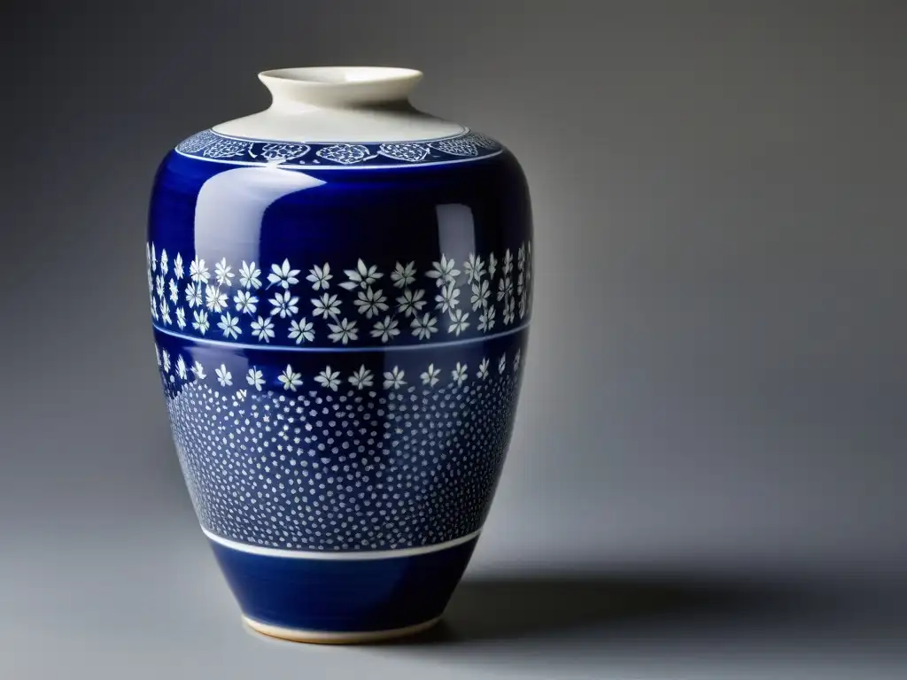 Vaso de cerámica coreana Koryo con delicados patrones florales pintados en azul y blanco, mostrando una artesanía experta y belleza atemporal