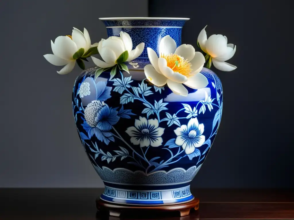 Vaso de porcelana Ming con intrincados diseños azules de peonías y lotos en un pedestal de madera