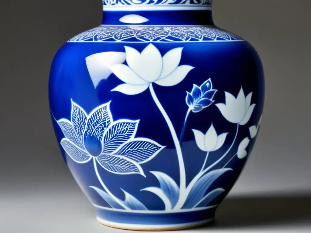 Vaso de porcelana de la dinastía Ming, pintado a mano con motivos de flores de loto y dragones en azul y blanco