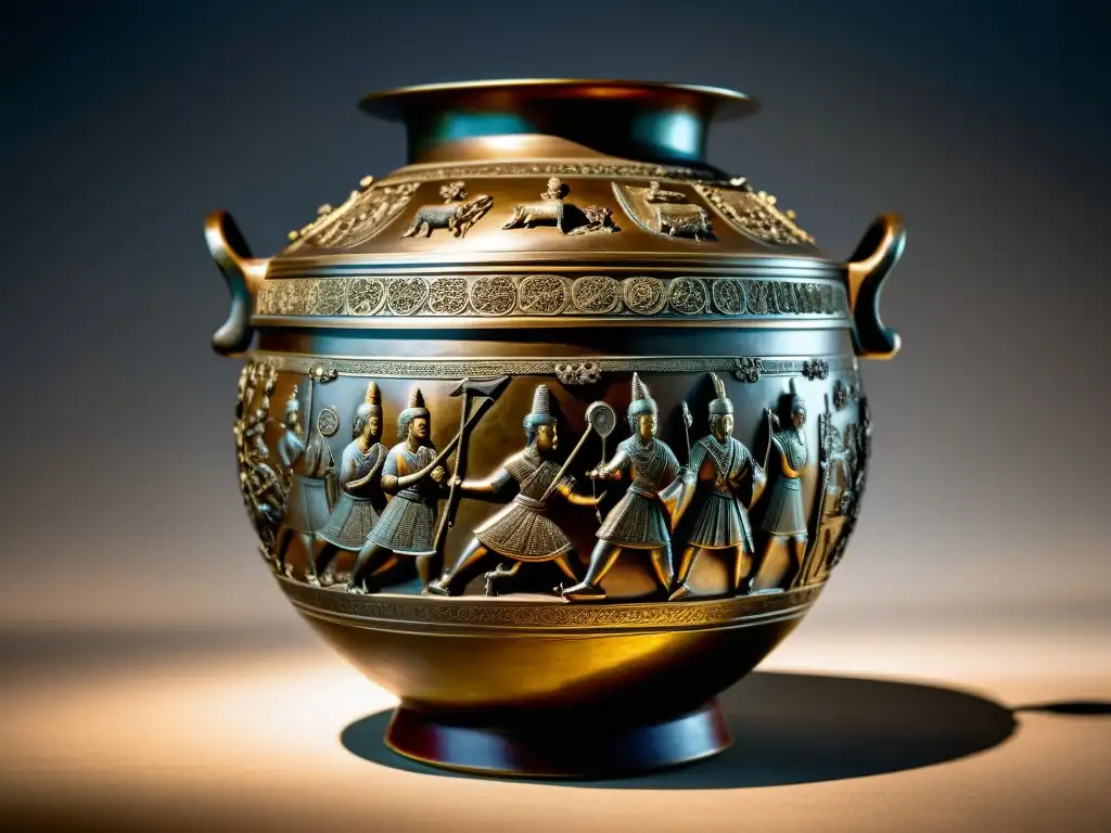 Vaso ritual de bronce de la Dinastía Zhou y Estados Combatientes, con intrincados grabados de batallas y ceremonias