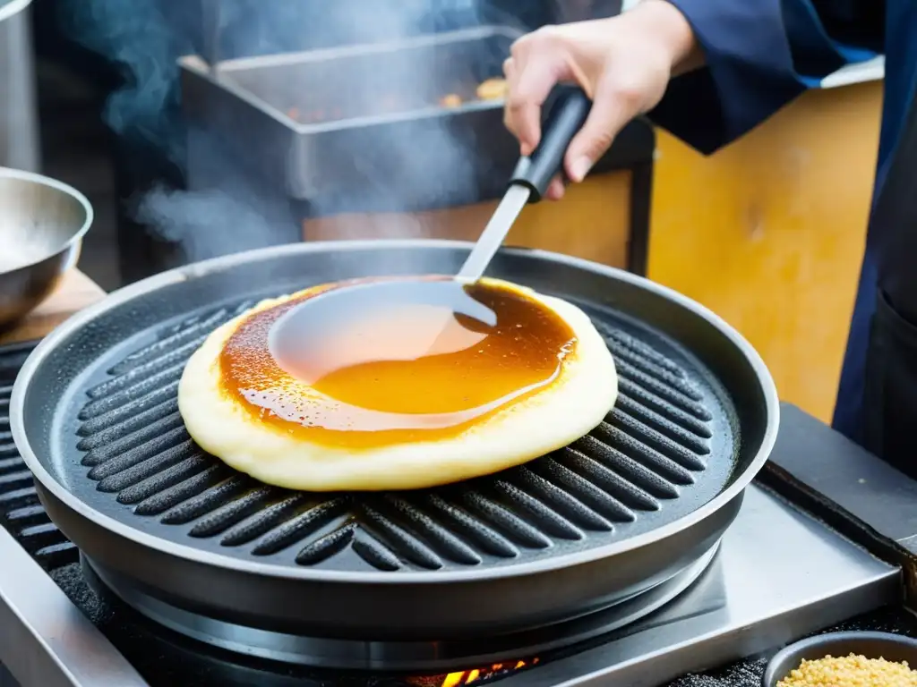 Un vendedor ambulante coreano preparando pancake dulce coreano Hoddeok en un animado mercado callejero de invierno