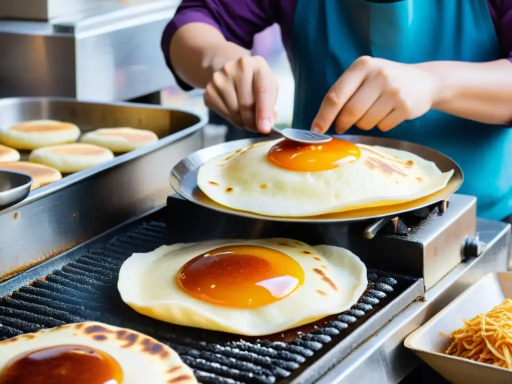 Un vendedor callejero prepara pancake dulce coreano Hoddeok en un bullicioso mercado de Corea del Sur, con clientes y colores vibrantes