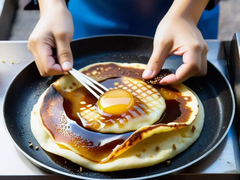 Un vendedor callejero en Corea del Sur expertamente prepara un delicioso pancake dulce coreano Hoddeok en una sartén caliente, creando una escena culinaria hipnótica en medio de un bullicioso mercado tradicional