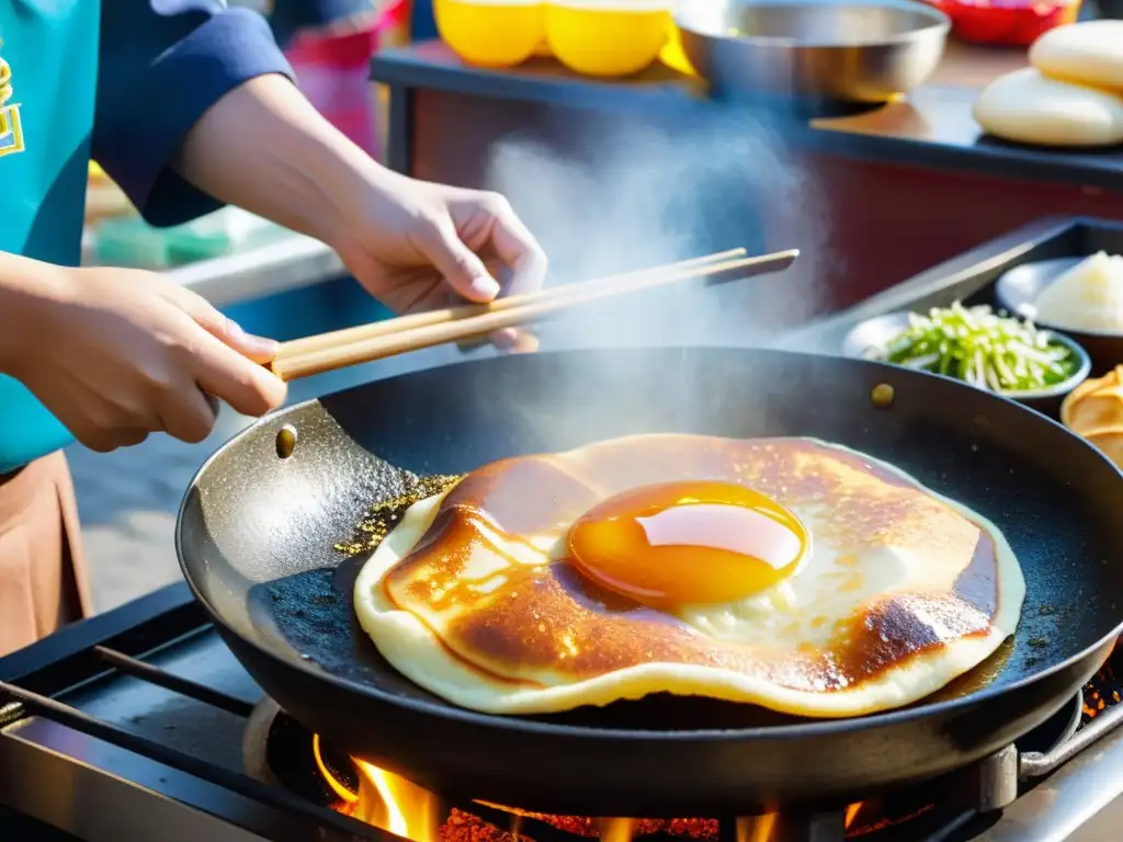 Un vendedor callejero en Corea del Sur prepara habilidosamente un pancake dulce coreano Hoddeok en una sartén humeante, rodeado de clientes ansiosos en un animado mercado