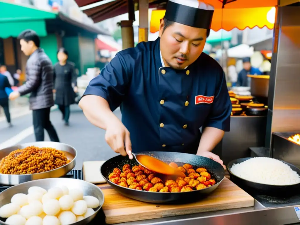 Un vendedor callejero en Seúl prepara topokki con destreza, creando una escena vibrante y tentadora de la comida callejera coreana