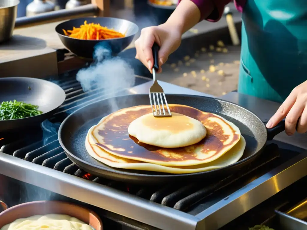 Un vendedor experto prepara pancake dulce coreano Hoddeok en un mercado tradicional de Corea, creando una escena inmersiva llena de calor y tradición