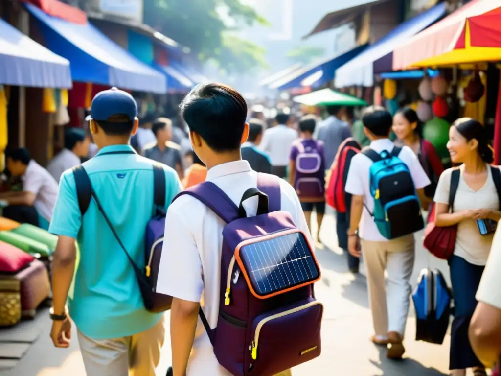 Vendedor de mochilas solares innovadoras en bullicioso mercado asiático