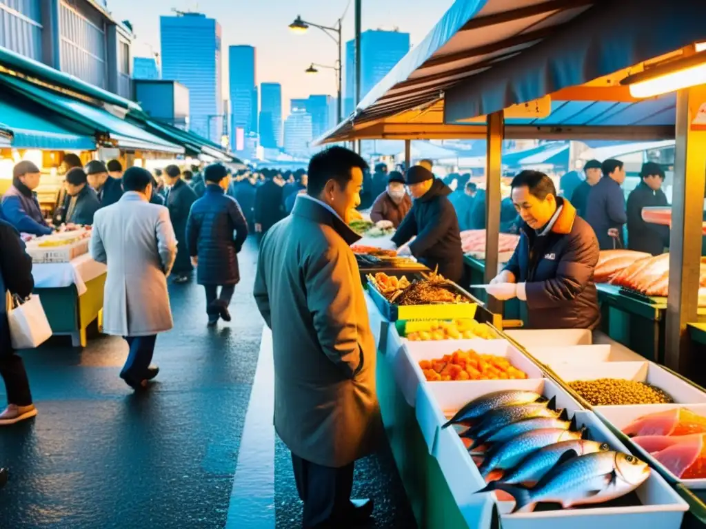 Vendedores en el bullicioso mercado de pescado de Tsukiji en Tokio, con clientes y una vista de la ciudad al amanecer