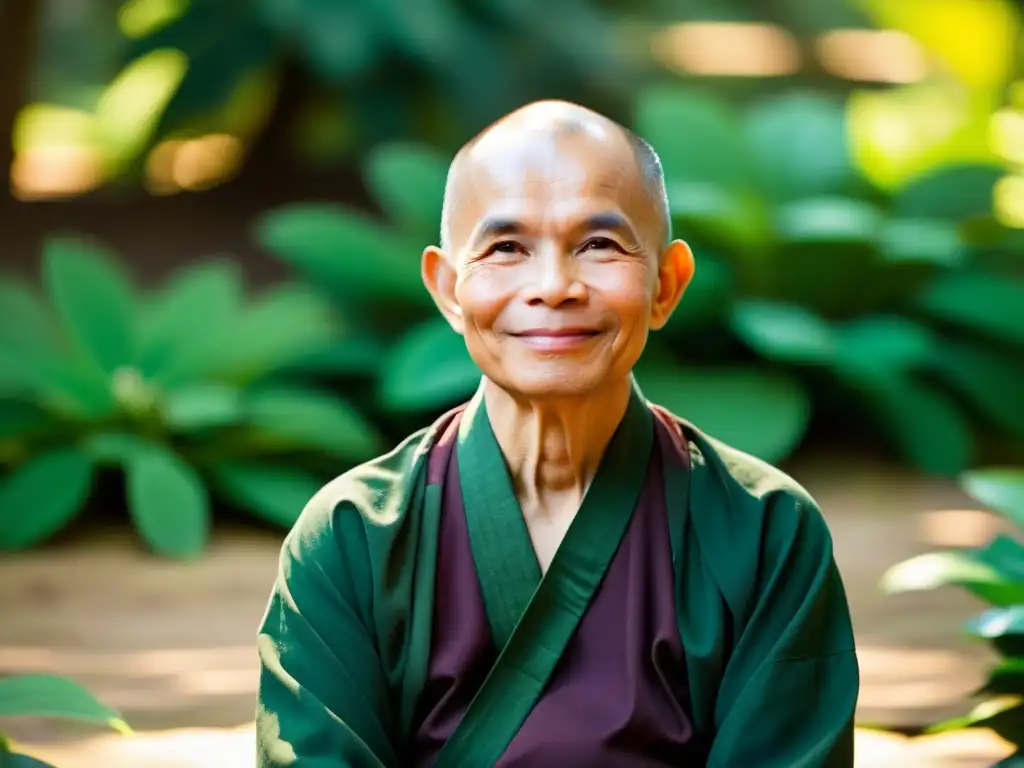 El venerable Thich Nhat Hanh irradia sabiduría y paz en una serena meditación en un exuberante jardín