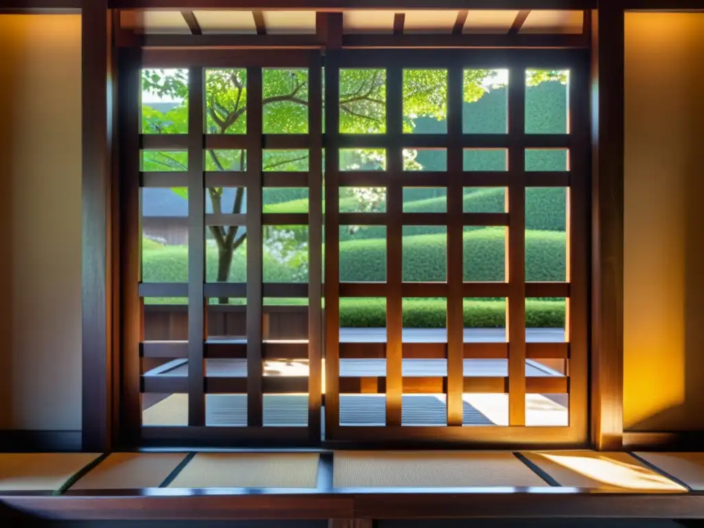 Ventana japonesa de madera tallada: belleza eterna Ventana de celosía japonesa con motivos florales y patrones geométricos, bañada por la luz del sol