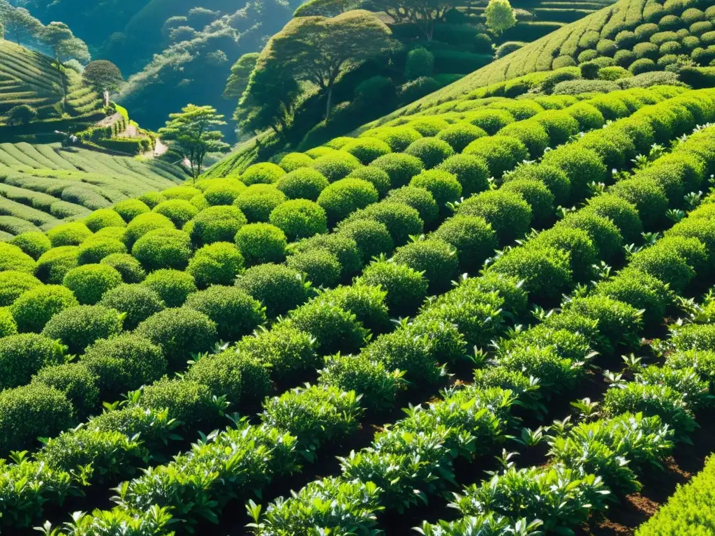 Plantación de té verde en las colinas de Japón