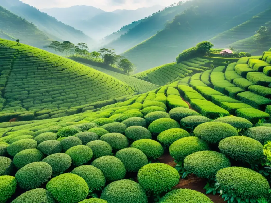 Plantación de té verde en Asia, con hojas brillantes y montañas neblinosas