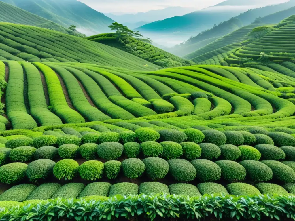 Plantación de té verde en Japón: hileras de arbustos de té, hojas brillantes con rocío, paisaje en terrazas