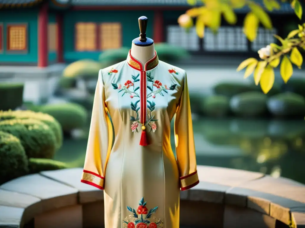 Vestido de seda chino con bordados detallados en un jardín sereno, evocando elegancia atemporal y la historia de la moda de lujo en China