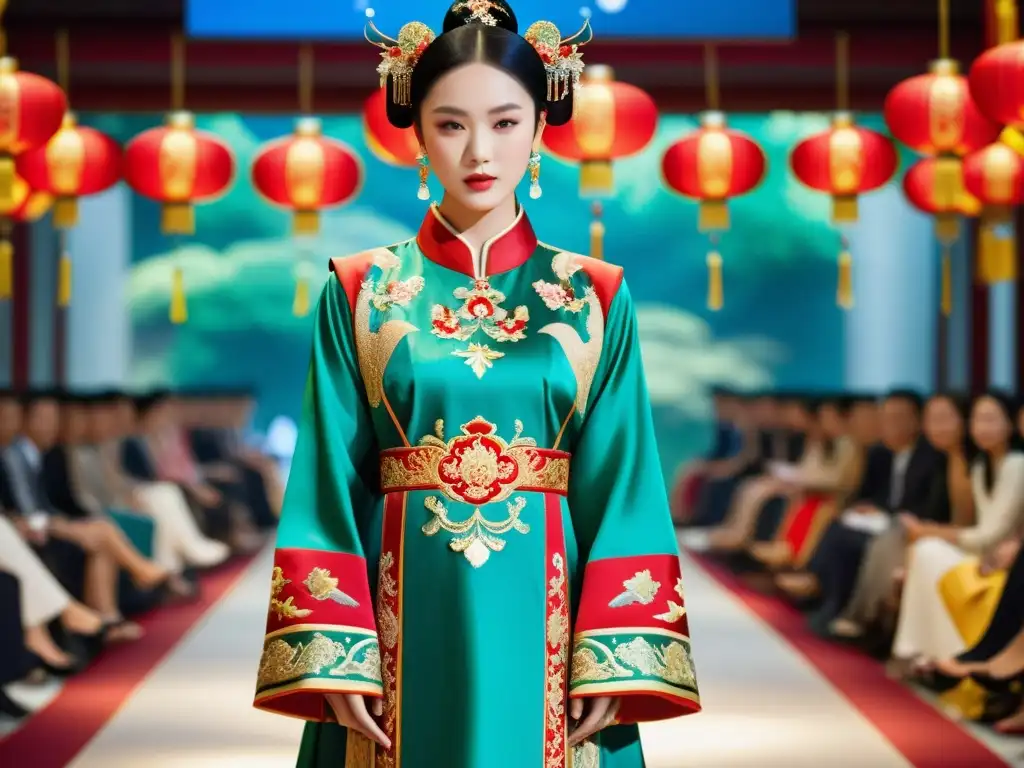 Vestido de seda chino sofisticado con dragones en desfile de moda de lujo en Shanghai, fusionando tradición y modernidad